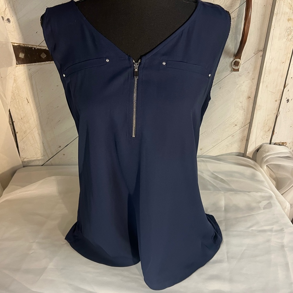 Fortune Ivy Navy Sleeveless Top with Zipper Detail Large